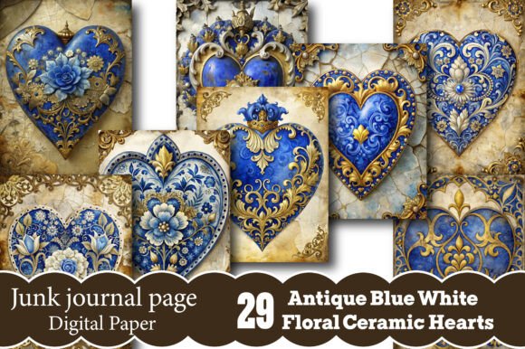 Antique Blue White Floral Ceramic Hearts Design