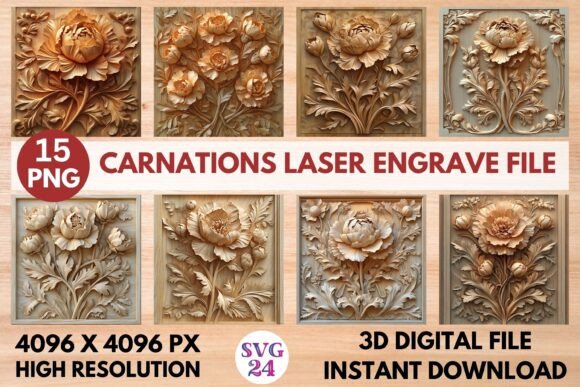 Carnations Laser Engrave File: Stunning 3D Engraving PNG