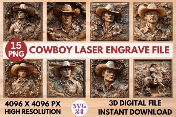 Cowboy Laser Engrave File: Premium 3D PNG for Projects