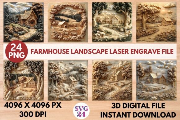 Farmhouse Landscape Laser Engrave File: A Versatile Design Asset