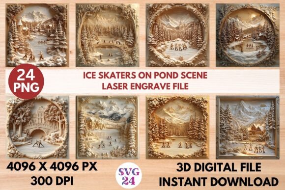 Ice Skaters on Pond Scene Laser Engrave Design