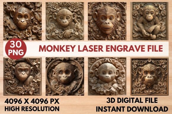 Monkey Laser Engrave File: 3D PNGs for Laser Cutting