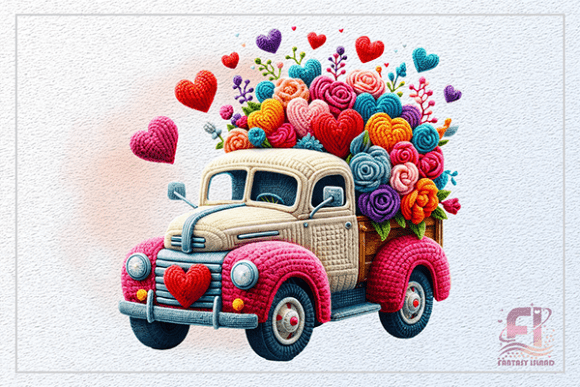 Red Valentine Truck & Hearts PNG Crochet Design